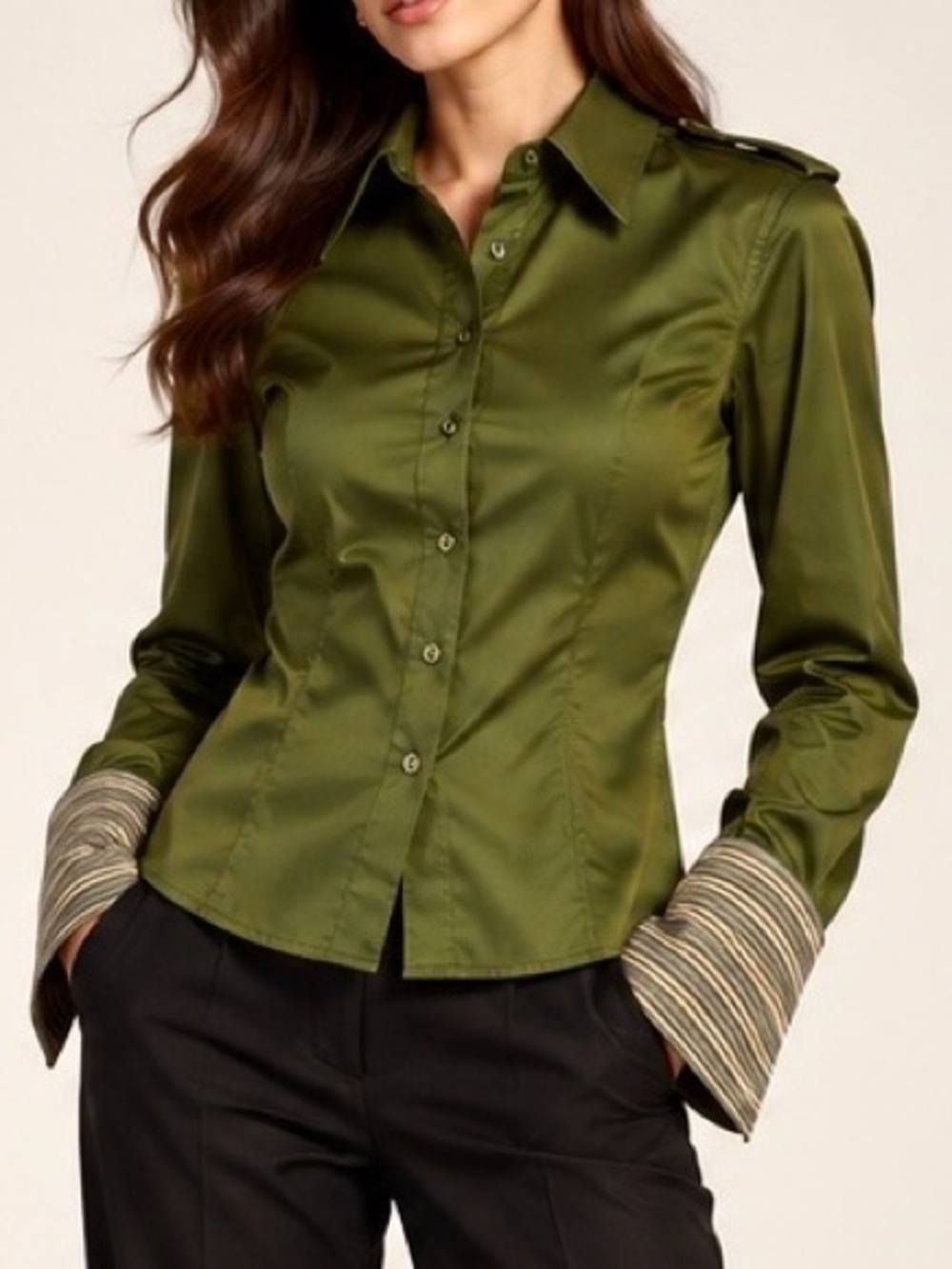 Thomas Pink Olive Satin Button-Front Shirt with Striped Cuffs